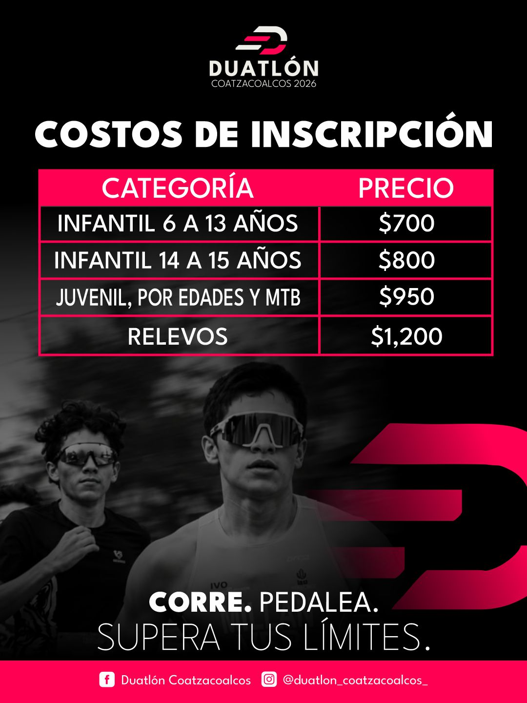 Costos de inscripción del Duatlón Coatzacoalcos